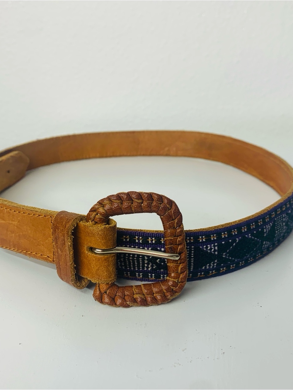 Braided Buckle Navy Woven & Tan Leather Women's Belt